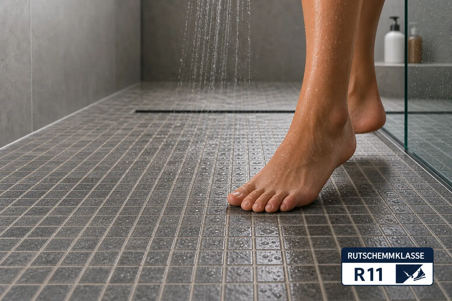 Rutschhemmende Mosaikfliesen in bodengleicher Dusche – R11 Sicherheit