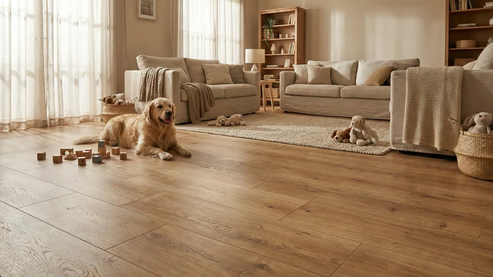 Gemütliches Familienwohnzimmer mit Bodenfliesen in naturgetreuer Eiche-Holzoptik mit sichtbarer Maserung, Golden Retriever, Kinderspielzeug, beiger Sofagarnitur und Eichenholz-Bücherregal – Holzoptik-Fliesen aus Korschenbroich