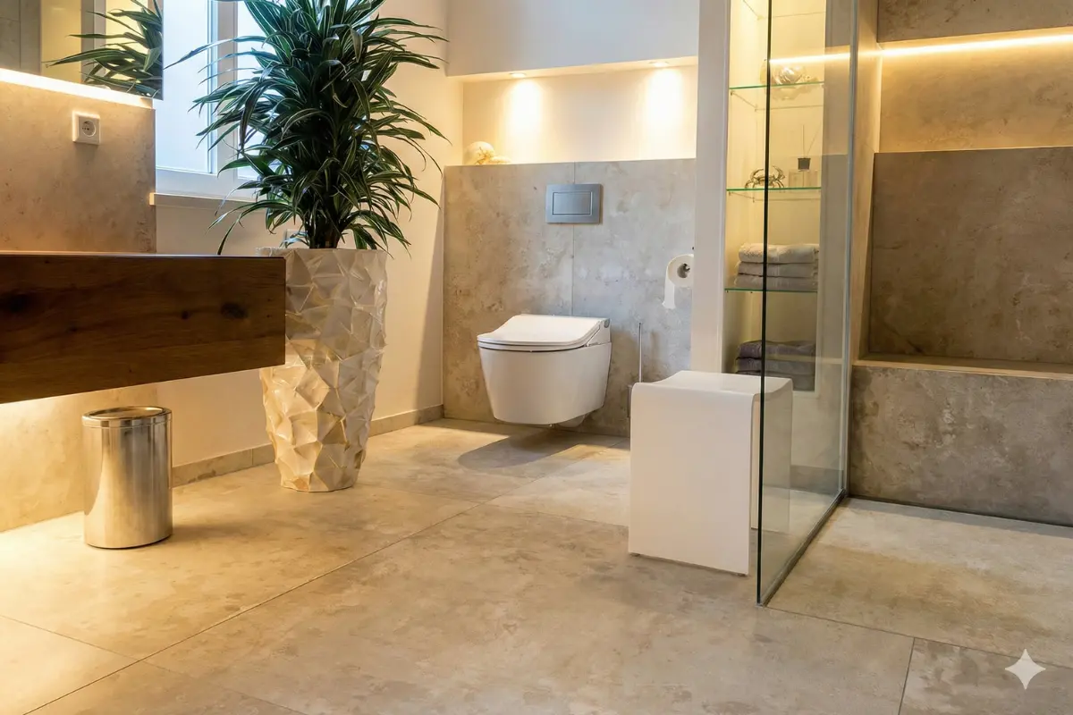 Großzügiges Badezimmer mit großformatigen Natursteinfliesen in warmen Beigetönen, Dusch-WC, verglaster Dusche mit Sitznische, beleuchteten Glasregalen und Eichenholz-Waschtischverkleidung – Natursteinbad aus Korschenbroich